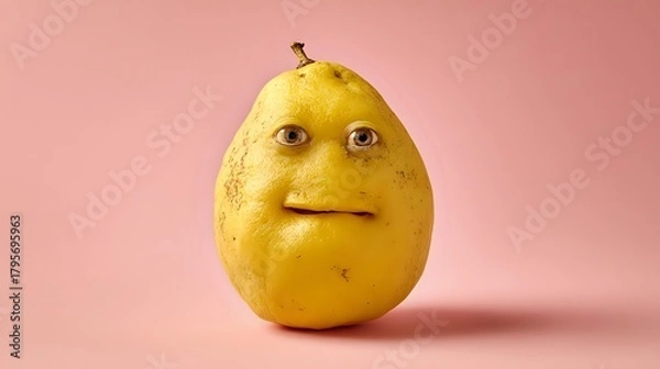 Fototapeta Quince with human-like facial features a funny and surreal portrait isolated on a pink background