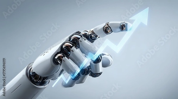 Fototapeta Robotic hand pointing to an upward trending arrow representing growth and progress suitable for technology and business presentations
