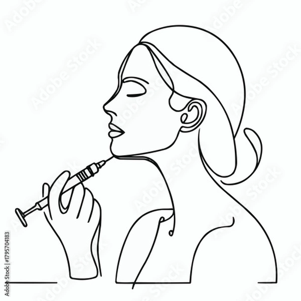Obraz Woman holding syringe for cosmetic procedure in minimal line art style  