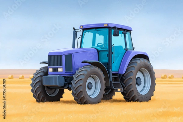 Fototapeta Vibrant purple tractor parked in a golden field under a clear blue sky, showcasing agricultural machinery in a serene rural landscape
