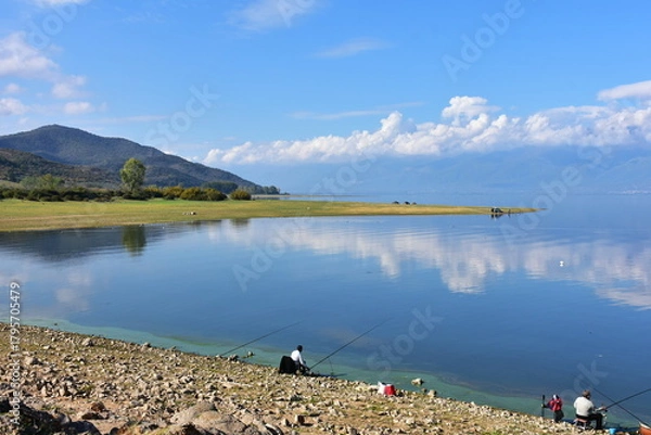 Obraz fishing on bank of lake Kerkini in Greece