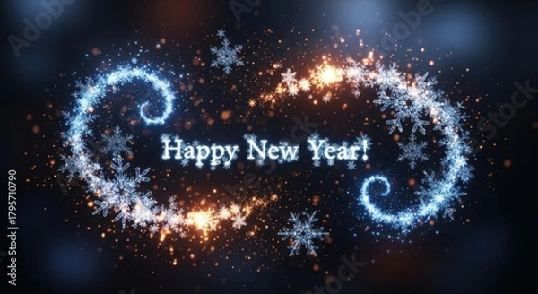 Fototapeta Glowing New Year background with “Happy New Year!” text on dark background — ideal for holiday, festive and design content.