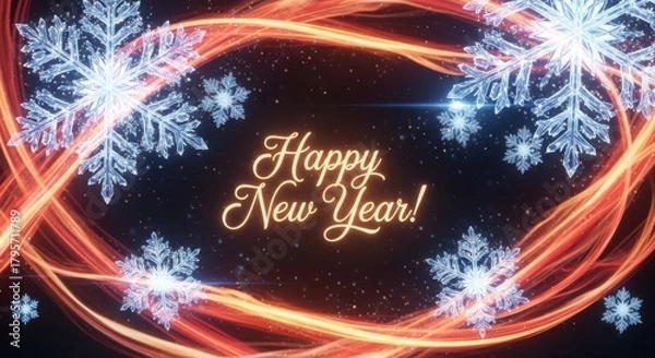 Fototapeta Glowing New Year wreath with “Happy New Year!” text on dark background — ideal for holiday, festive and design content.
