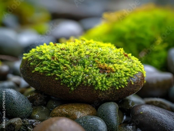 Fototapeta  Macro shot of a single, smooth river stone entirely covered in vibrant, lush green spring moss, glistening with tiny water droplets
