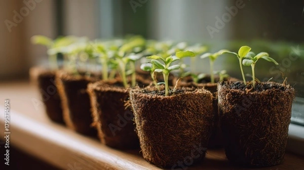 Fototapeta  Macro shot of small green seedlings sprouting from peat pots, carefully arranged in a row near a bright window