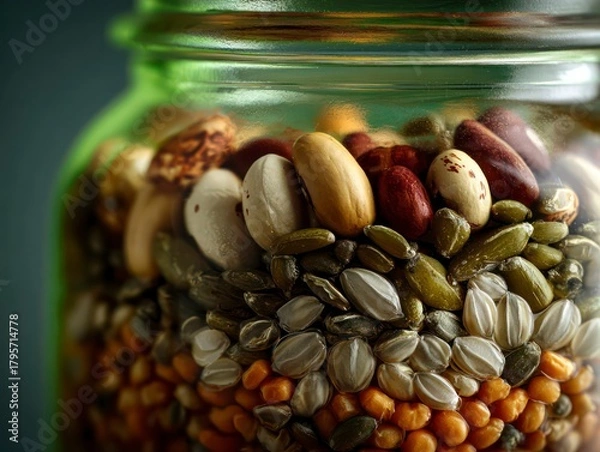 Fototapeta  Macro shot of various seeds (grains, legumes) resting securely in a protective, clear glass jar, with a soft green glow from beneath