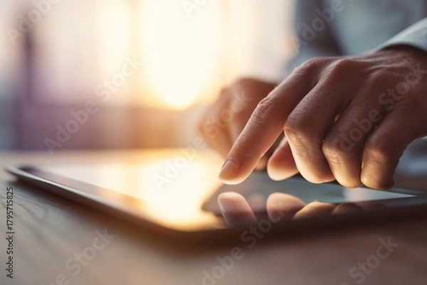Fototapeta Close-up of a person’s hand using a digital tablet with a soft warm light background. Modern technology and communication concept.