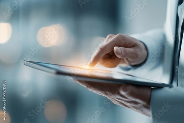 Fototapeta Close-up of woman’s hands using digital tablet with glowing touch screen indoors. Modern business, innovation, and digital workflow concept.
