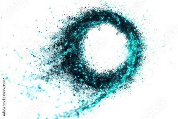 Fototapeta Abstract turquoise energy swirl made of glowing particles and dust explosion on white background. Futuristic motion and energy concept.
