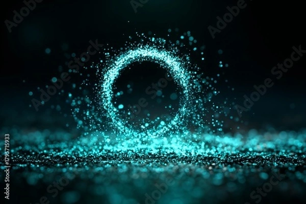 Fototapeta Abstract glowing turquoise ring made of small light particles floating in dark background. Futuristic energy and technology concept.