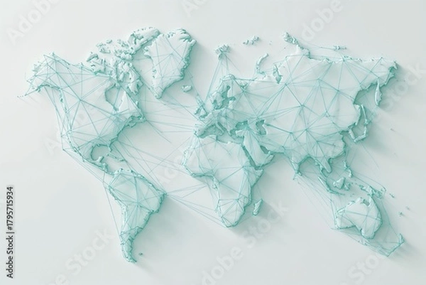 Fototapeta White 3D world map connected with turquoise lines and dots. Concept of global communication, network and digital technology.
