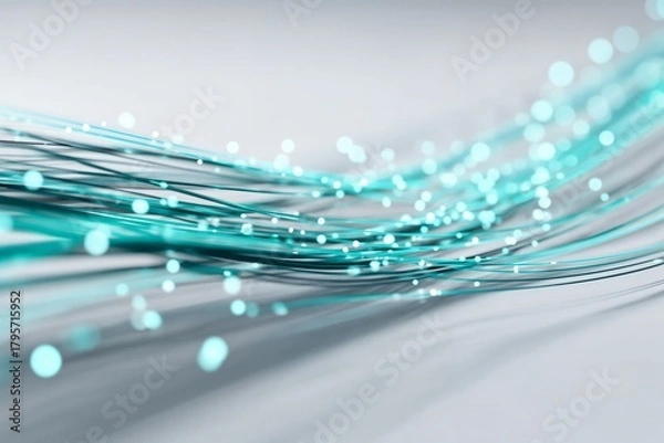Fototapeta Close-up of glowing turquoise fiber optic cables symbolizing fast internet connection and digital data transfer.