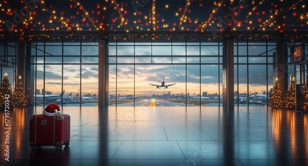 Obraz Sunset View From Airport Terminal With Christmas Decorations and an Approaching Airplane