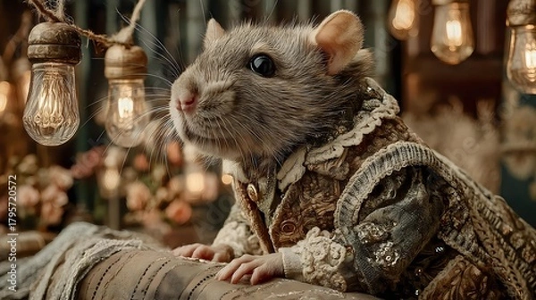Fototapeta A dressed rat in vintage clothing a whimsical portrait with antique lighting creating a unique and charming character illustration