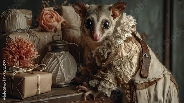 Fototapeta Sugar glider dressed in vintage clothing sitting among wrapped gifts creating a whimsical and charming scene