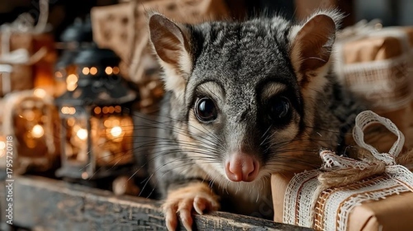 Fototapeta Sugar glider with big eyes surrounded by Christmas gifts and lanterns festive holiday scene cozy and heartwarming atmosphere