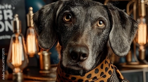 Fototapeta Portrait of a distinguished Weimaraner dog wearing a stylish scarf posing in front of vintage Edison bulbs for a sophisticated pet product adverti
