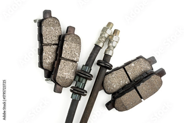 Fototapeta Close-up of new front car brake pads with dark gray friction material and metal backing. Front brake hoses. White background.