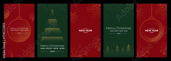 Fototapeta Set of modern Merry Christmas and Happy New Year 2026 greeting card or banner with dotted pattern elements for holiday design.