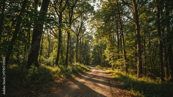 Fototapeta A forest scene with tall trees and a dirt path, illuminated by sunlight filtering through the leaves.