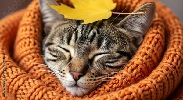 Fototapeta Cozy tabby cat naps peacefully wrapped in a warm orange knitted scarf with a single autumn leaf on its head.