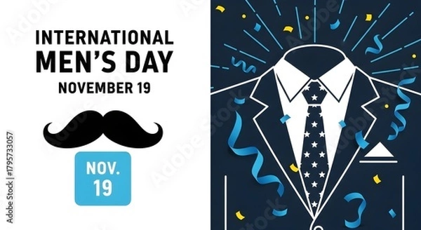 Obraz Celebrating International Men's Day with style, a mustache and festive confetti.