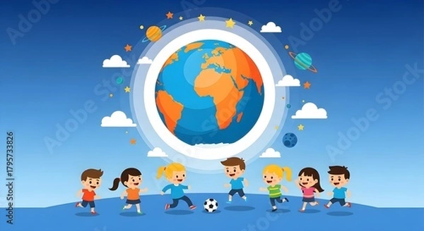Fototapeta Diverse children playing soccer together around a vibrant globe, symbolizing global unity and childhood joy.