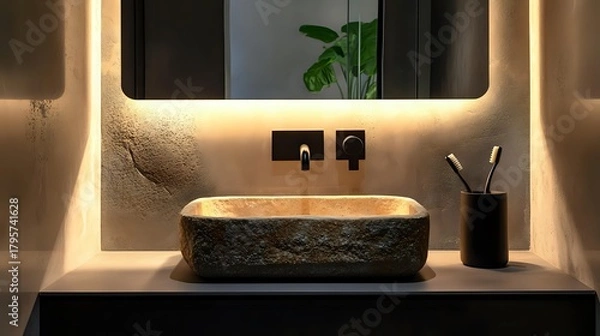 Fototapeta Modern bathroom sink with stone texture illuminated mirror and minimalist design creating a luxurious and contemporary spa-like atmosphere