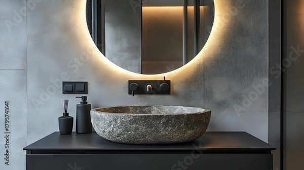 Fototapeta Modern bathroom interior featuring a stone sink illuminated round mirror and minimalist design creating a luxurious and contemporary space