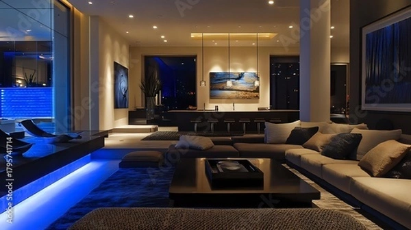 Fototapeta Modern living room interior with a large sectional sofa and blue accent lighting creating a luxurious and inviting space for relaxation