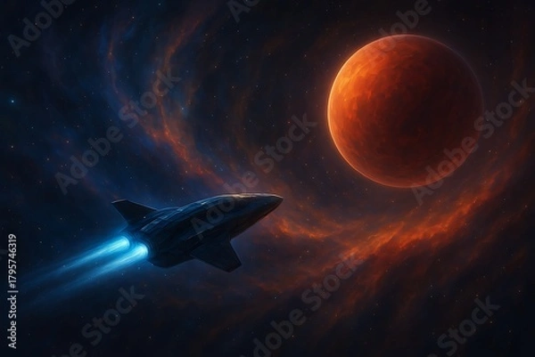 Fototapeta Advanced spacecraft with glowing engines venturing through a vibrant, swirling nebula towards a newly discovered exoplanet, showcasing the awe and wonder of deep space exploration.