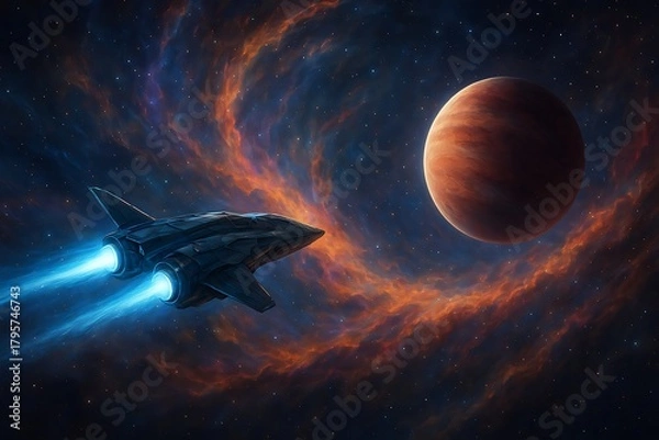 Obraz Advanced spacecraft with glowing engines venturing through a vibrant, swirling nebula towards a newly discovered exoplanet, showcasing the awe and wonder of deep space exploration.