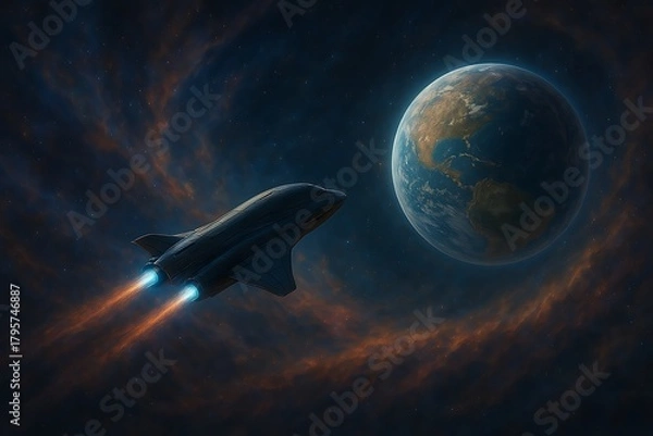 Fototapeta Advanced spacecraft with glowing engines venturing through a vibrant, swirling nebula towards a newly discovered exoplanet, showcasing the awe and wonder of deep space exploration.