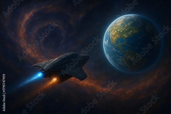 Obraz Advanced spacecraft with glowing engines venturing through a vibrant, swirling nebula towards a newly discovered exoplanet, showcasing the awe and wonder of deep space exploration.