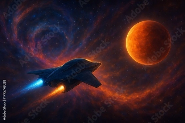 Obraz Advanced spacecraft with glowing engines venturing through a vibrant, swirling nebula towards a newly discovered exoplanet, showcasing the awe and wonder of deep space exploration.