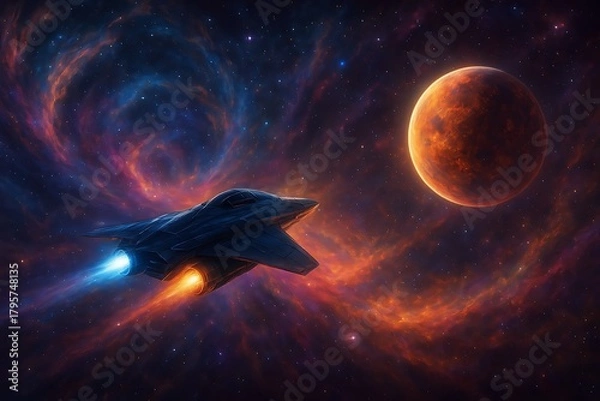 Obraz Advanced spacecraft with glowing engines venturing through a vibrant, swirling nebula towards a newly discovered exoplanet, showcasing the awe and wonder of deep space exploration.