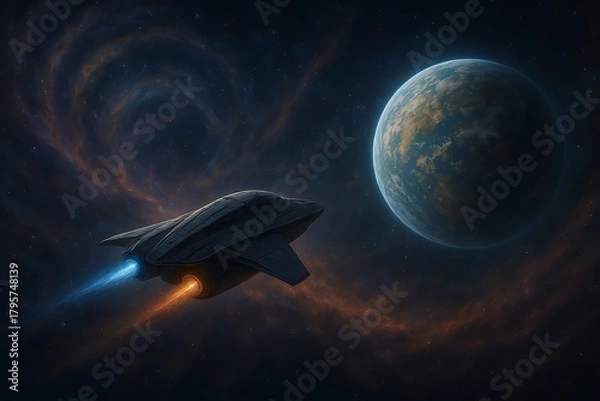 Obraz Advanced spacecraft with glowing engines venturing through a vibrant, swirling nebula towards a newly discovered exoplanet, showcasing the awe and wonder of deep space exploration.