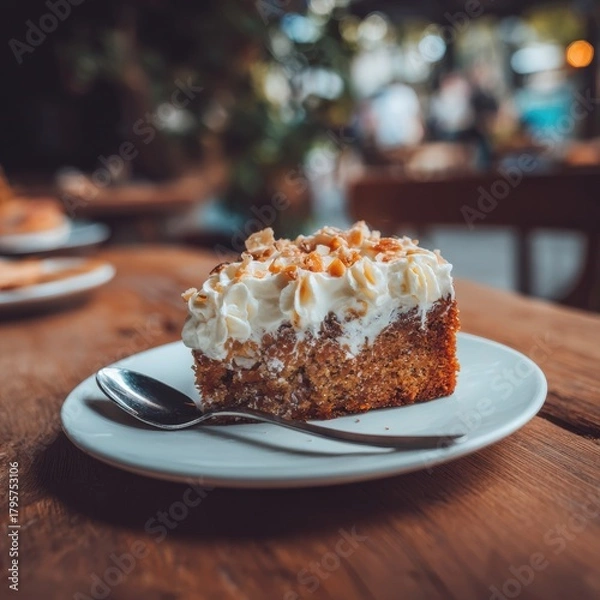 Fototapeta Close-up of a slice of classic cheesecake topped with whipped cream and powdered sugar. This appetizing dessert is presented on a white plate on a rustic wooden table.