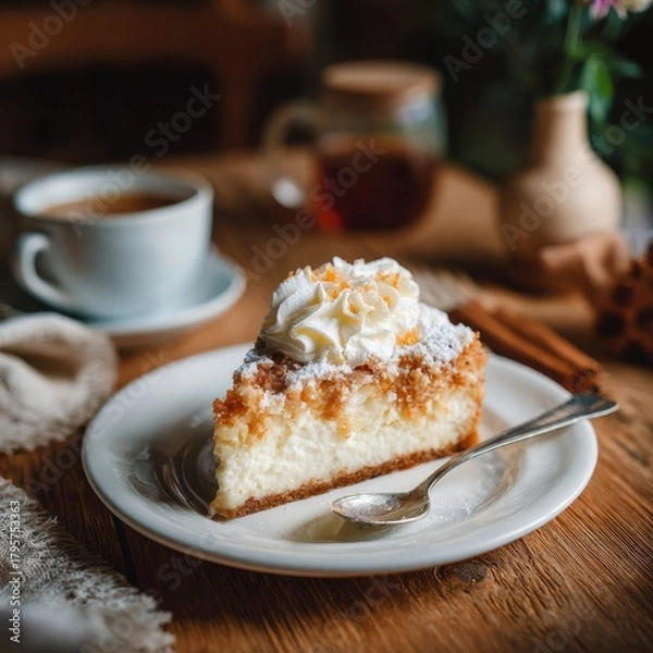 Fototapeta Close-up of a slice of classic cheesecake topped with whipped cream and powdered sugar. This appetizing dessert is presented on a white plate on a rustic wooden table.