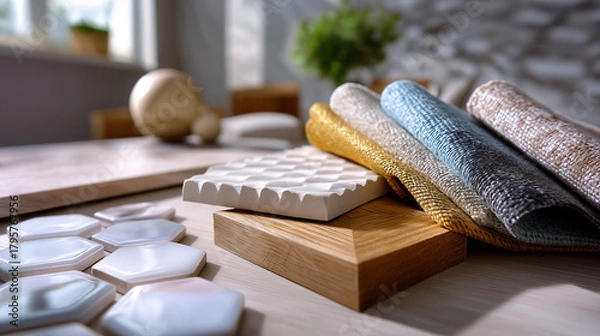 Fototapeta Defocused close-up of renovation textures—tiles, fabrics, wood patterns—on soft neutral surface, modern tone, with copy space.