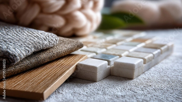 Fototapeta Defocused close-up of renovation textures—tiles, fabrics, wood patterns—on soft neutral surface, modern tone, with copy space.