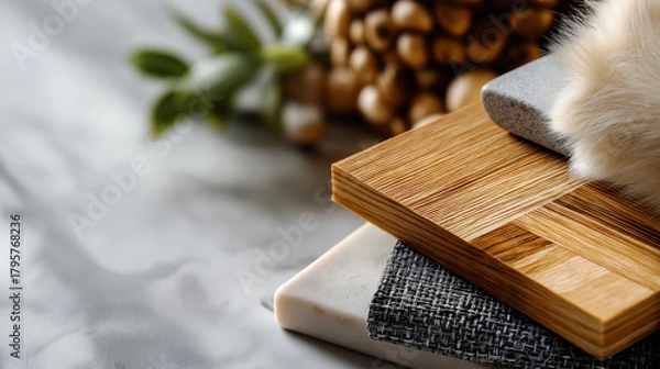 Fototapeta Defocused close-up of renovation textures—tiles, fabrics, wood patterns—on soft neutral surface, modern tone, with copy space.