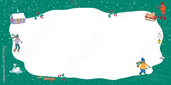 Fototapeta Festive winter illustration frame featuring children playing in the snow, ice skating, a sledding dog, holly accents, and cozy seasonal elements. Vector art