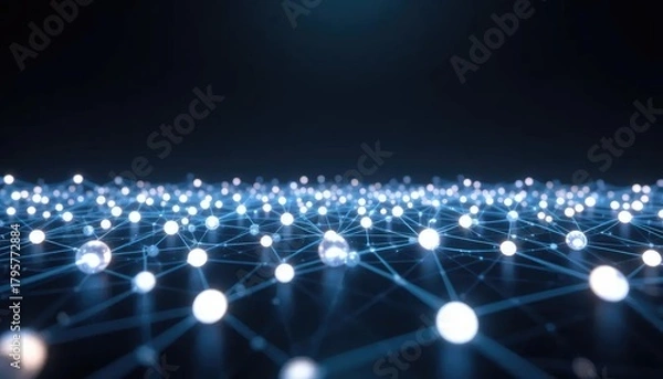 Fototapeta Digital Network of Glowing Spheres Connected by Lines on a Dark Background