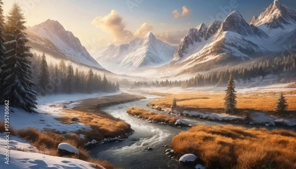 Fototapeta Serene Winter Landscape A River Meanders Through Snow-Capped Mountains and Golden Fields