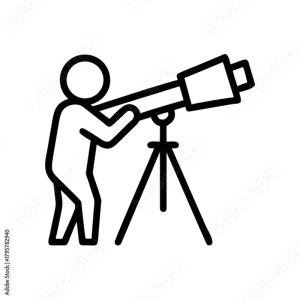 Fototapeta Astronomer observing stars with telescope in thoughtful pose, minimalist style, copy space