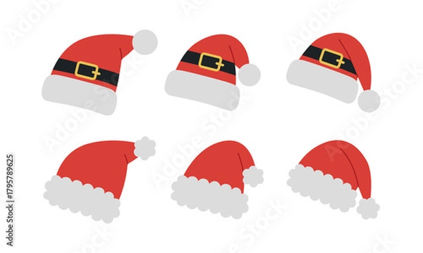 Fototapeta Set of red Christmas Santa Claus hats with fur, pompom and buckle. Festive headwear collection. Xmas party head accessories. Vector flat illustration isolated on white background