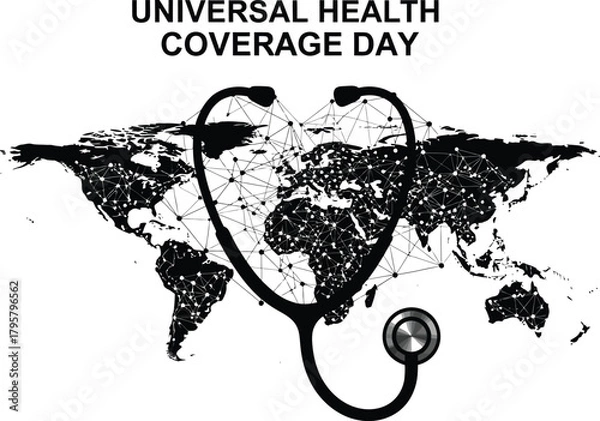 Obraz World map with stethoscope for universal health coverage day