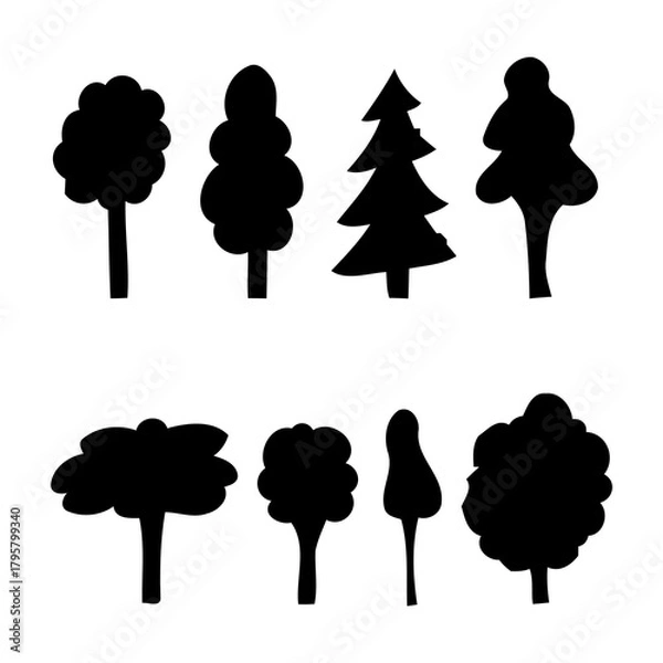 Fototapeta Collection of diverse black silhouette tree shapes on white background