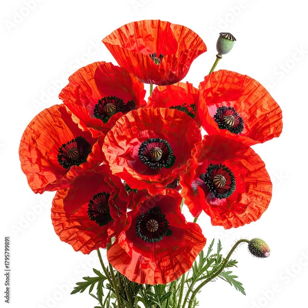 Fototapeta Vivid bouquet of red poppy flowers with dark centers on black background